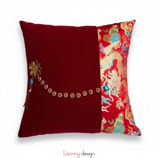 Cushion cover mixed with velvet and brocade attached with stone 45x45 cm